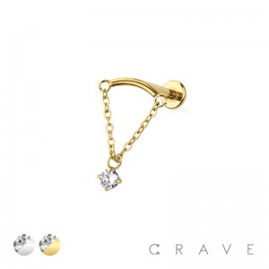 CURVED BAR DANGLE CLEAR ROUND CZ CHAIN THREADLESS (PUSH IN) TOP 316L SURGICAL STEEL LABRET SET