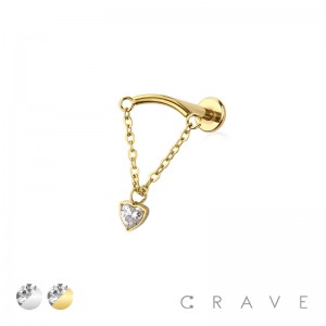 CURVED BAR DANGLE CLEAR HEART CZ CHAIN THREADLESS (PUSH IN) TOP 316L SURGICAL STEEL LABRET SET