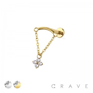 CURVED BAR DANGLE CLEAR FLOWER CZ CHAIN THREADLESS (PUSH IN) TOP 316L SURGICAL STEEL LABRET SET