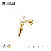 IMPLANT GRADE SOLID TITANIUM CZ TRIANGLE DANGLE SPIKE PUSH IN TOP LABRET