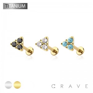 IMPLANT GRADE SOLID TITANIUM TRIANGLE TRIPLE CZ PUSH IN TOP LABRET