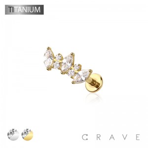 IMPLANT GRADE SOLID TITANIUM MARQUISE LINE CZ THREADLESS (PUSH IN) TOP LABRET SET