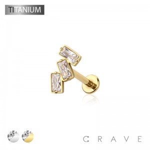 IMPLANT GRADE SOLID TITANIUM TRIPLE BAGUETTE LINE CZ THREADLESS (PUSH IN) TOP LABRET SET