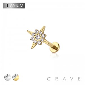 IMPLANT GRADE SOLID TITANIUM SHINING STAR CZ PUSH IN TOP LABRET