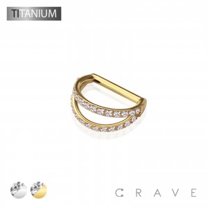 IMPLANT GRADE SOLID TITANIUM CZ DOUBLE LINE ARCH CLICKER SEGMENT RING FOR SEPTUM, HELIX, TRAGUS, CAPTIVE