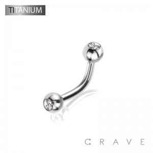 IMPLANT GRADE SOLID TITANIUM CURVED BARBELL / EYEBROW WITH CLEAR GEMS (external thread)