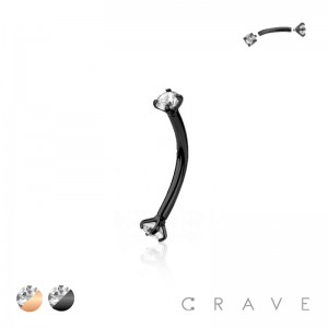 COLOR PLATED INTERNALLY THREADED CLEAR CZ PRONG SET 316L SURGICAL STEEL EYEBROW/ CURVED BARBELL