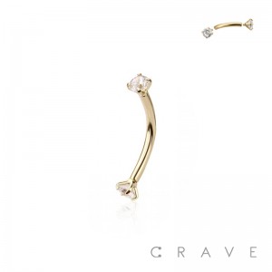 COLOR PLATED INTERNALLY THREADED CLEAR CZ PRONG SET 316L SURGICAL STEEL EYEBROW/ CURVED BARBELL