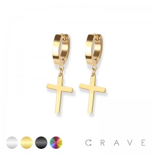 PAIR OF STAINLESS STEEL IP PLATED HUGGIE/HOOP EARRINGS WITH CROSS DANGLE