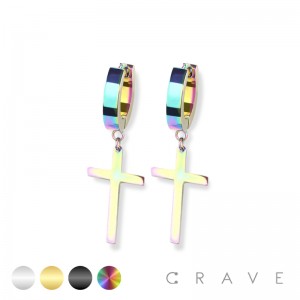 PAIR OF STAINLESS STEEL IP PLATED HUGGIE/HOOP EARRINGS WITH CROSS DANGLE (LARGE CROSS)