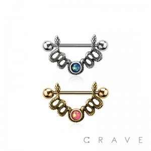 SNAKE NIPPLE RING SHIELD WITH OPAL CENTER 316L SURGICAL STEEL NIPPLE BAR