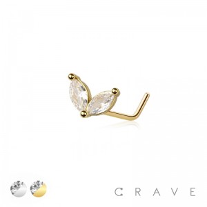 CZ DOUBLE MARQUISE LEAF 316L SURGICAL STEEL L SHAPE NOSE RING