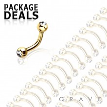 50 PCS OF GOLD PVD PLATED OVER 316L SURGICAL STEEL EYEBROW WITH CLEAR GEMS