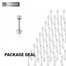 50PCS IMPLANT GRADE SOLID TITANIUM LABRET STUDS WITH CLEAR GEM BALL