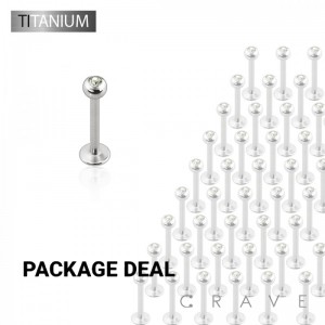 50PCS IMPLANT GRADE SOLID TITANIUM LABRET STUDS WITH CLEAR GEM BALL SET (external thread)