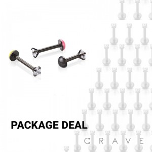 50PCS PRONG-SET THREADLESS PUSH-IN 316L SURGICAL STEEL LABRET WITH SOFT ENAMEL BACK SET FOR COMFORT
