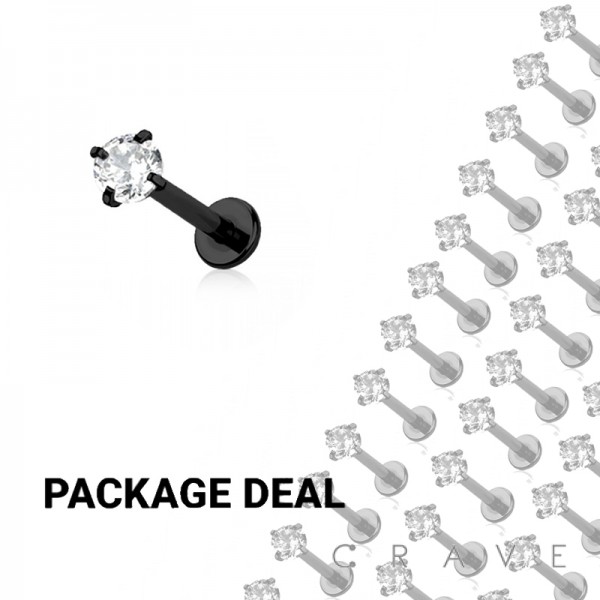 50PCS BLACK PVD PLATED OVER 316L SURGICAL STEEL INTERNALLY THREADED CZ PRONG SET LABRET/MONROE