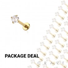 50PCS GOLD PVD PLATED OVER 316L SURGICAL STEEL INTERNALLY THREADED CZ PRONG SET LABRET/MONROE