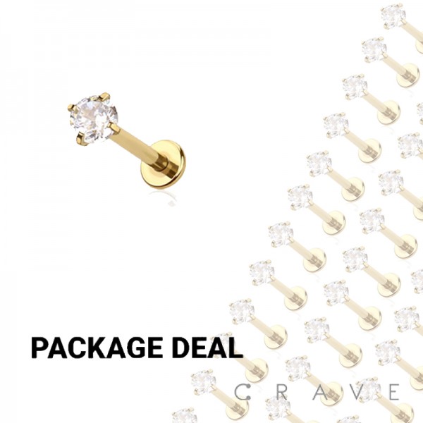 50PCS GOLD PVD PLATED OVER 316L SURGICAL STEEL INTERNALLY THREADED CZ PRONG SET LABRET/MONROE