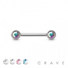 14MM EXTERNALLY THREADED  316L SURGICAL STEEL NIPPLE BARBELL WITH CZ BEZEL SET FRONT FACING FLAT TOP ENDS