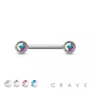 14MM EXTERNALLY THREADED  316L SURGICAL STEEL NIPPLE BARBELL WITH CZ BEZEL SET FRONT FACING FLAT TOP ENDS