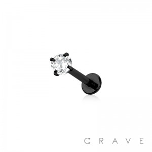 BLACK PVD PLATED OVER 316L SURGICAL STEEL INTERNALLY THREADED CZ PRONG SET LABRET/MONROE SET
