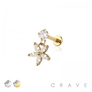 FLOWER DANGLE CZ STONE TOP 316L SURGICAL STEEL INTERNALLY THREADED LABRET/MONROE  SET