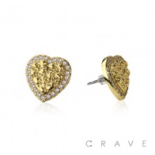 PAIR OF 18K GOLD PLATED GOLD HEART SHAPE WITH CZ GEMS NUGGET EARRING	