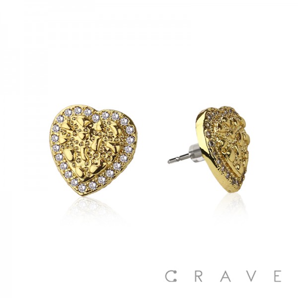 PAIR OF 18K GOLD PLATED GOLD HEART SHAPE WITH CZ GEMS NUGGET EARRING	