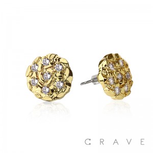 PAIR OF 18K GOLD PLATED GOLD ROUND SHAPE WITH CZ GEMS NUGGET EARRING	