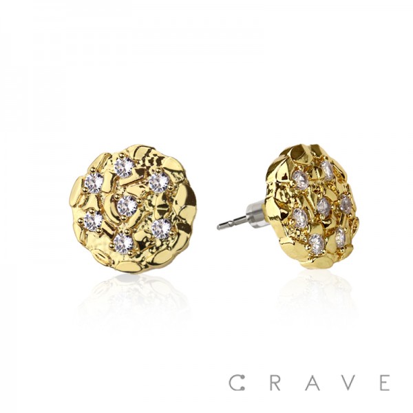 PAIR OF 18K GOLD PLATED GOLD ROUND SHAPE WITH CZ GEMS NUGGET EARRING	