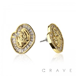 PAIR OF 18K GOLD PLATED GOLD ASYMMETRIC SHAPE WITH CZ BAGUETTE GEMS NUGGET EARRING	