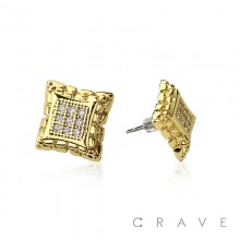 PAIR OF 18K GOLD PLATED SQUARE FRAME SHAPE WITH CZ GEMS NUGGETS EARRINGS