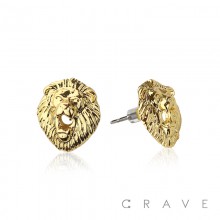 PAIR OF 18K GOLD PLATED GOLD LION HEAD SHAPE WITH CZ GEM NUGGET EARRINGS