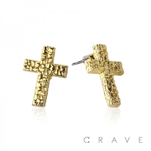 PAIR OF 18K GOLD PLATED GOLD CROSS SHAPE WITH CZ GEM NUGGET EARRINGS