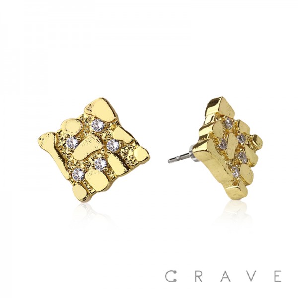 PAIR OF 18K GOLD PLATED FLAT SQUARE SHAPE WTH CZ GEM STONES NUGGETS EARRINGS	