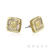 PAIR OF 18K GOLD PLATED ASYMMETRIC SQUARE FRAME WITH CZ GEMS INGOT CENTERED NUGGET EARRINGS