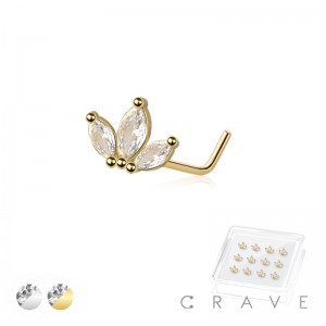 12PCS OF CZ MARQUISE LEAF FAN 316L SURGICAL STEEL L SHAPE NOSE RING