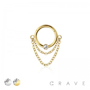 316L SURGICAL STEEL HINGED SEGMENT HOOP RING WITH DOUBLE LINE CHAIN DANGLE BEZEL CZ SET CENTER