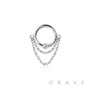 316L SURGICAL STEEL HINGED SEGMENT HOOP RING WITH DOUBLE LINE CHAIN DANGLE BEZEL CZ SET CENTER