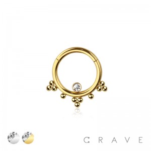 316L SURGICAL STEEL HINGED SEGMENT RING WITH OUTER CLUSTER BALLS AND BEZEL SET CZ CENTER