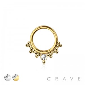 316L SURGICAL STEEL HINGED SEGMENT HOOP RING MULTI BEADS LINE MULTI CZ  BEZEL CZ SET CENTER