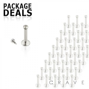 50PCS OF INTERNALLY THREADED 316L SURGICAL STEEL LABRET WITH GEM SET