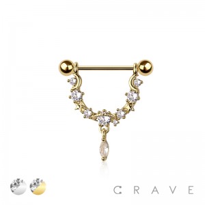 316L SURGICAL STEEL STAR BRANCH OVAL CZ DANGLE NIPPLE RING