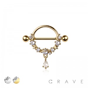 316L SURGICAL STEEL STAR BRANCH TEARDROP CZ DANGLE NIPPLE RING