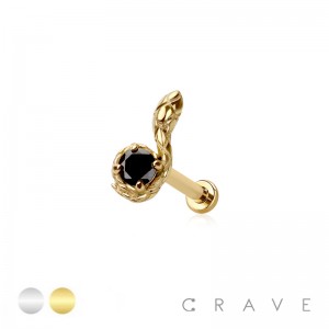 SNAKE WITH BLACK CZ 316L SURGICAL STEEL THREADLESS (PUSH IN) LABRET SET