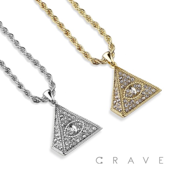 CUBIC ZIRCONIA STUDDED PYRAMID EYE BLING HIP-HOP PENDANT NECKLACE