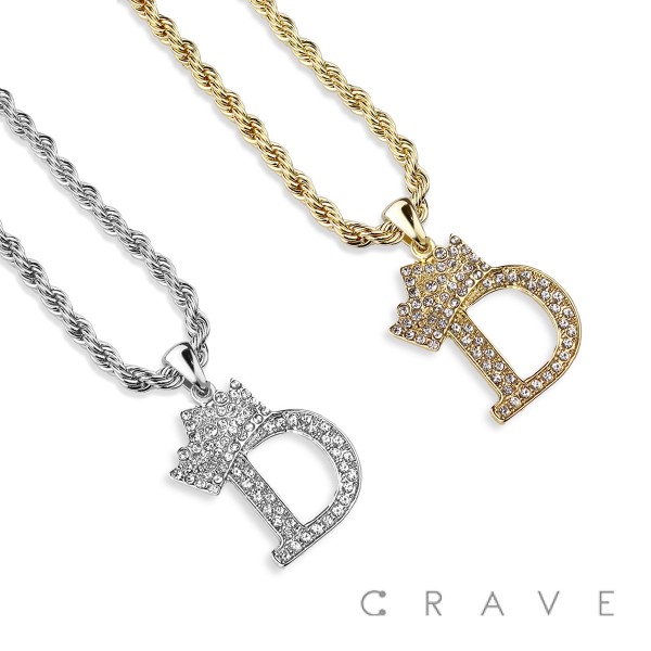 KING CROWN ALPHABET INITIAL D PENDANT NECKLACE