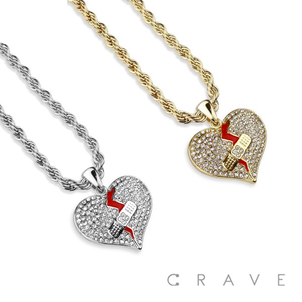 CUBIC ZIRCONIA STUDDED BROKEN HEART WITH BANDAGE HIP-HOP PENDANT NECKLACE