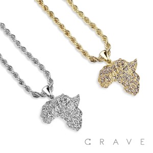 CUBIC ZIRCONIA STUDDED AFRICA MAP BLING HIP-HOP PENDANT NECKLACE